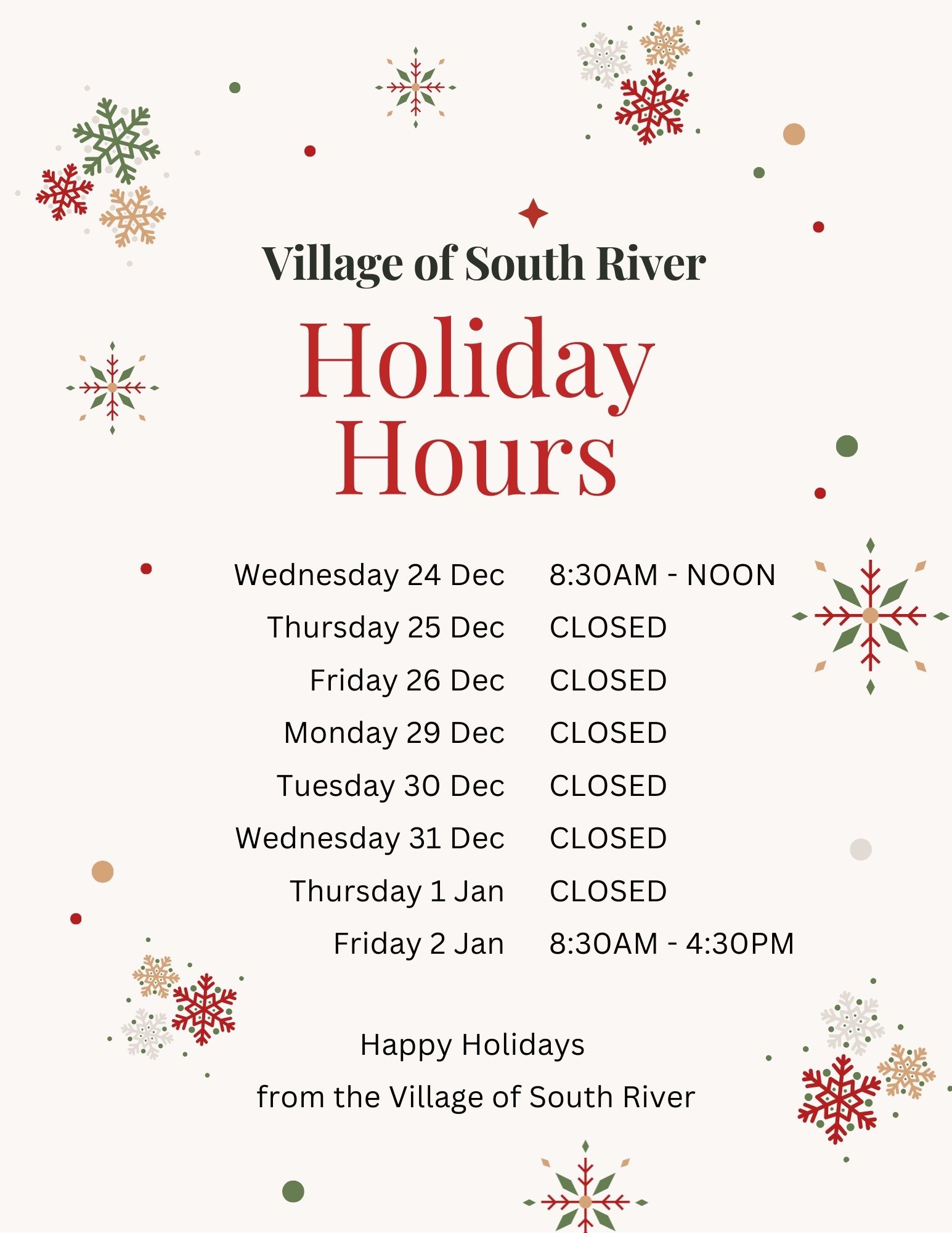 Holiday Hours 2025